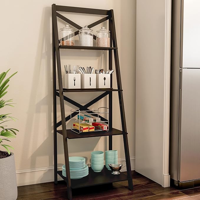 Lavish Home 4-Tier Ladder Bookshelf Set – Set of 2 Free Standing Wooden Living Room Shelves – Decorative Bookcases for Home and Office (Black) - LeafyLoom