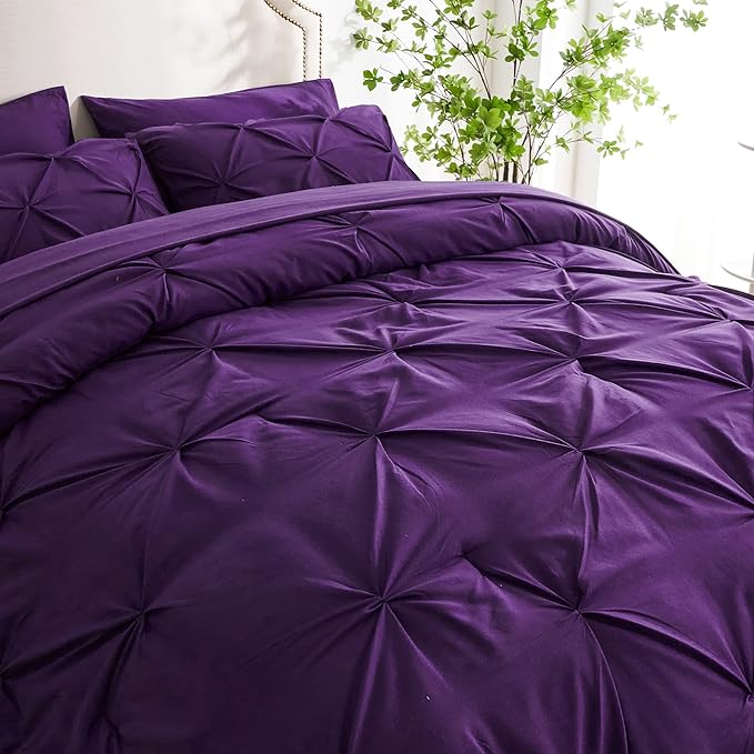 Ubauba 7pc King Size Comforter Set with Sheets, All Season Pintuck 7 Piece Bedding Sets Purple, Pinch Pleating Bed in a Bag Set with Comforters (Purple,King) - LeafyLoom