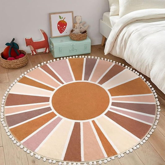 Topotdor Boho Round Area Rug 4ft Sun Rainbow Nursery Rugs for Kids Room, Washable Ultra Soft Circle Area Rug with Pom Poms, Non-Slip Accent Throw Rugs for Bedroom Entryway Living Room Decor - LeafyLoom