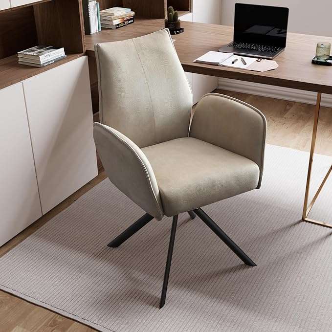 jiexi Modern Desk Chair no Wheel, Ergonomic Office Chair Home Office Upholstered Chair, Swivel Arm Chairs with Metal Legs, Computer Chair for Bedroom, Reception Room, Living Room - LeafyLoom