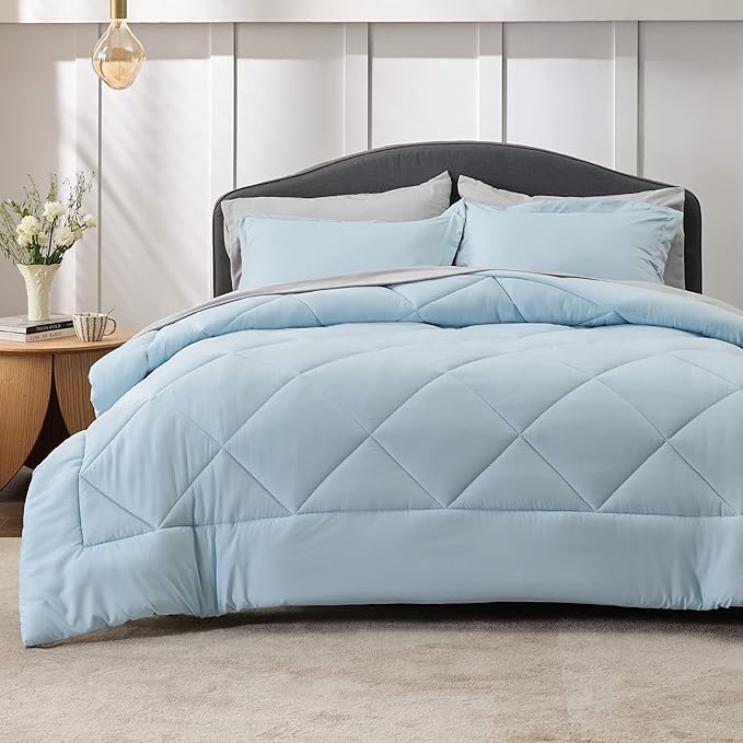 Bedsure Sky Blue Full Size Comforter Set - 7 Pieces Reversible Full Bed in a Bag Full Bed Set with Comforters, Sheets, Pillowcases & Shams, Full Bedding Sets - LeafyLoom