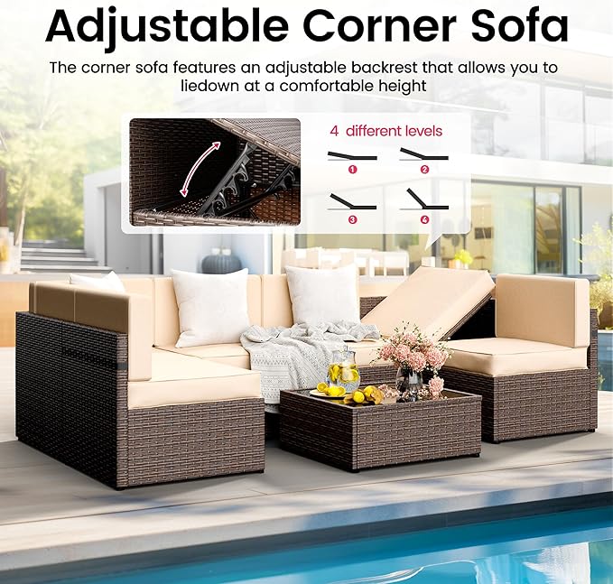 Pamapic 7 Piece Modular Outdoor Sectional, UV Protection Rattan Patio Sectional with Coffee Table, Adjustable Outdoor Couch with Removable Waterproof Cushions Covers(Brown Sugar) - LeafyLoom