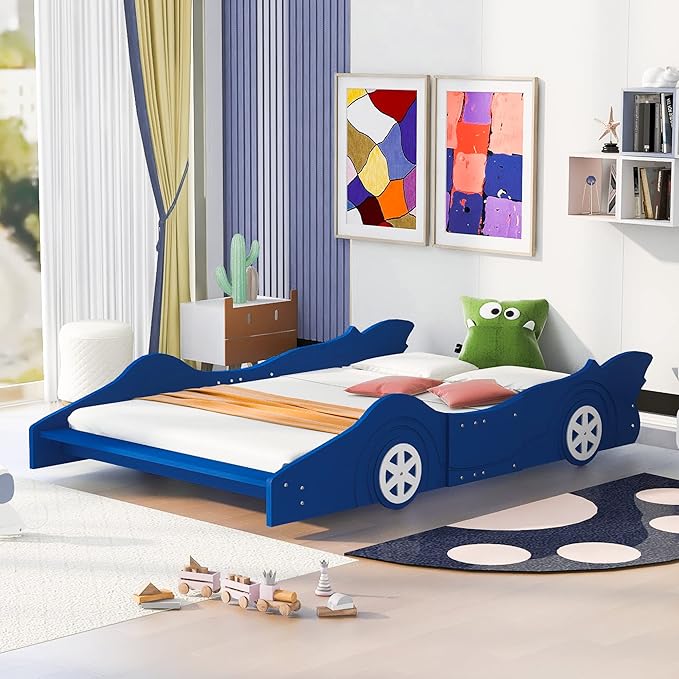 Car Shaped Toddler Bed with Wheels,Racecar Platform Beds W/Safety Guardrail,Slats Support,Stylish Design,Easy Assembly,Wood Full Bedframe for Boys Toddlers Kids Teens Bedroom,Blue - LeafyLoom