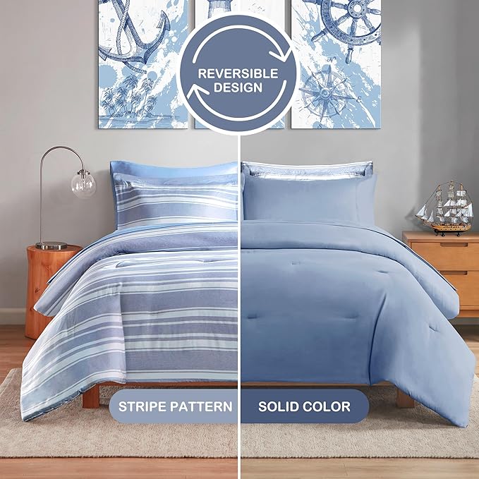 Codi King Size Bedding Comforter Sets with Sheets, Blue White Striped Bed in a Bag Reversible for All Seasons, Modern Cationic Dyeing Bed Sets with 1 Comforter, Sheets, Pillowcases & Shams - LeafyLoom