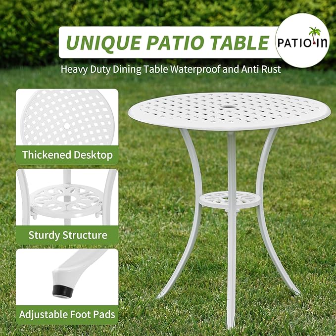 3 Piece Outdoor Bistro Set, Cast Aluminum Bistro Table and Chairs, Rust-Resistant Patio Furniture Set, White Bistro Set 3 Piece Outdoor for Garden, Backyard, Balcony - LeafyLoom