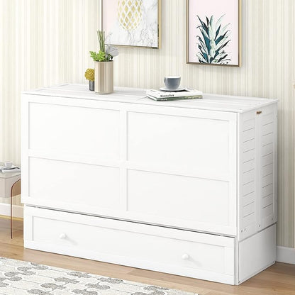 Murphy Cabinet Bed Queen Size with Drawer and Little Shelves on Each Side, can be Foldable/Space Saving, Wooden Low Bedframe for Bedroom/Apartment, White - LeafyLoom