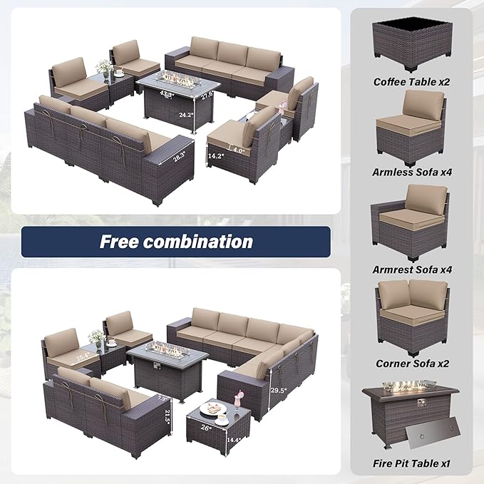 Patio Furniture Sectional Sofa Set 13-Pieces PE Rattan Patio Conversation Set w/43in Gas Fire Pit Table, Outdoor Furniture with 55000 BTU Propane Fire Pit, Sand - LeafyLoom