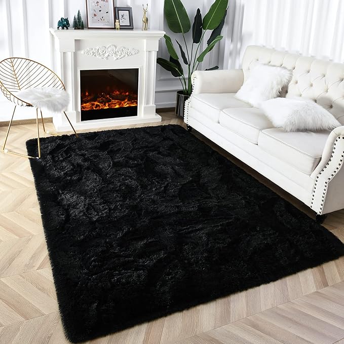 Super Soft Fluffy Shaggy Rugs 6x9 Feet for Living Room Bedroom, Fuzzy Plush Area Rugs for Girls Kids Room Nursery Home Decor, Furry Dorm Rug Cute Non-Slip Indoor Floor Carpet, Black - LeafyLoom