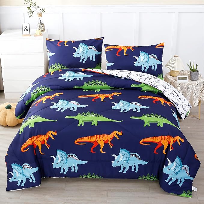 RYNGHIPY Cartoon Dinosaur Comforter Set, Dark Blue Dinosaur Kids Bedding Set for Boys, Dinosaurs Print Comforter Sets for Kids/Toddlers/Teens (Dinosaur,Full) - LeafyLoom