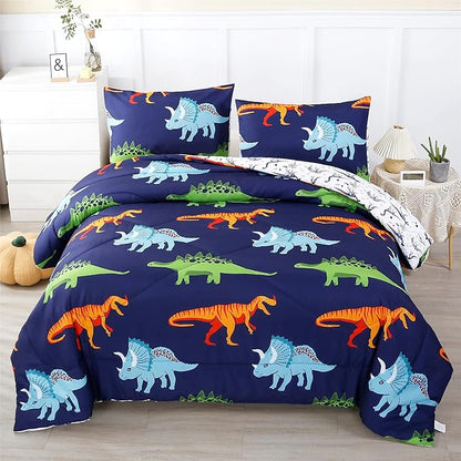 RYNGHIPY Cartoon Dinosaur Comforter Set, Dark Blue Dinosaur Kids Bedding Set for Boys, Dinosaurs Print Comforter Sets for Kids/Toddlers/Teens (Dinosaur,Full) - LeafyLoom