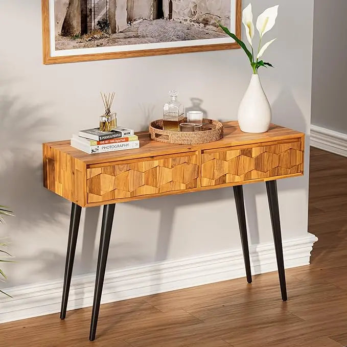 Bme Solid Wood Coffee Table with Storage Drawers & Console Table with Geometric Details, 2 Drawers Each, Brown - LeafyLoom