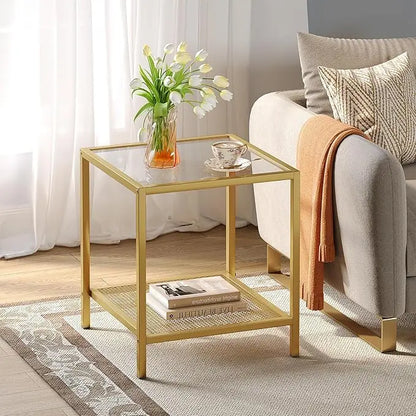 SAYGOER Glass Side Table Small Gold End Table for Small Spaces 2-Tier Square Night Stand with Storage Modern Bed Side Table with Gold Frame for Bedroom Living Room, Easy Assembly - LeafyLoom