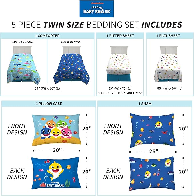 Franco Kids Bedding Super Soft Comforter and Sheet Set with Sham, 5 Piece Twin Size, Baby Shark - LeafyLoom