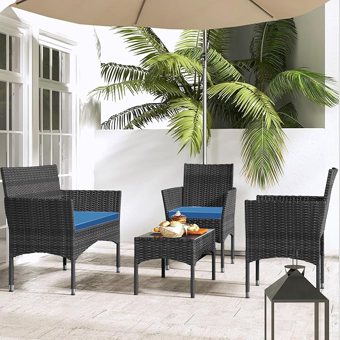 Patio Furniture, 4 Piece Conversation Set, Outdoor Wicker Rattan Table and Chairs, Sectional Sofa with Thick Cushion for Garden, Yard, or Porch, Black - LeafyLoom