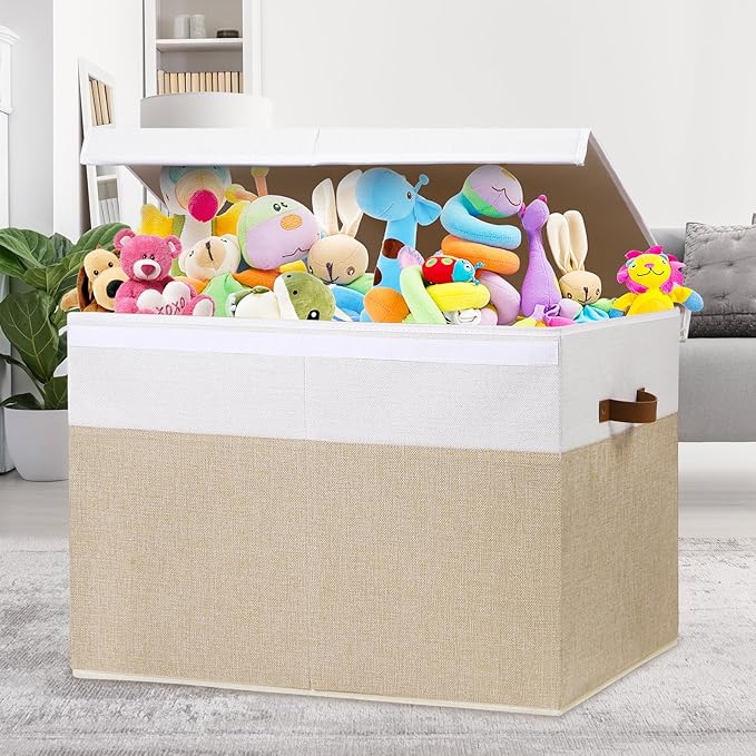 Large Toy Storage Box with Lid, Sturdy Toys Storage Chest Bin Organizer Basket with Dividers for Kids, Boys, Girls, Nursery, Closet, Bedroom, Playroom 26"x17" x17" (Beige and White) - LeafyLoom