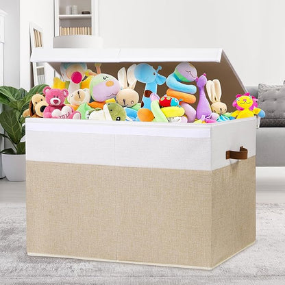 Large Toy Storage Box with Lid, Sturdy Toys Storage Chest Bin Organizer Basket with Dividers for Kids, Boys, Girls, Nursery, Closet, Bedroom, Playroom 26"x17" x17" (Beige and White) - LeafyLoom