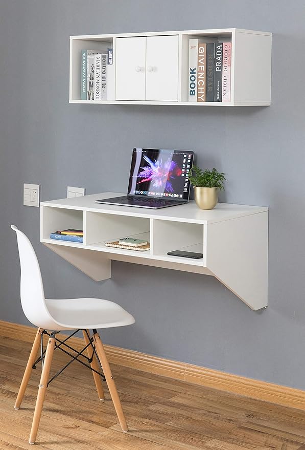 Wall Mounted Office Computer Desk and Floating Hutch Cabinet, White - LeafyLoom