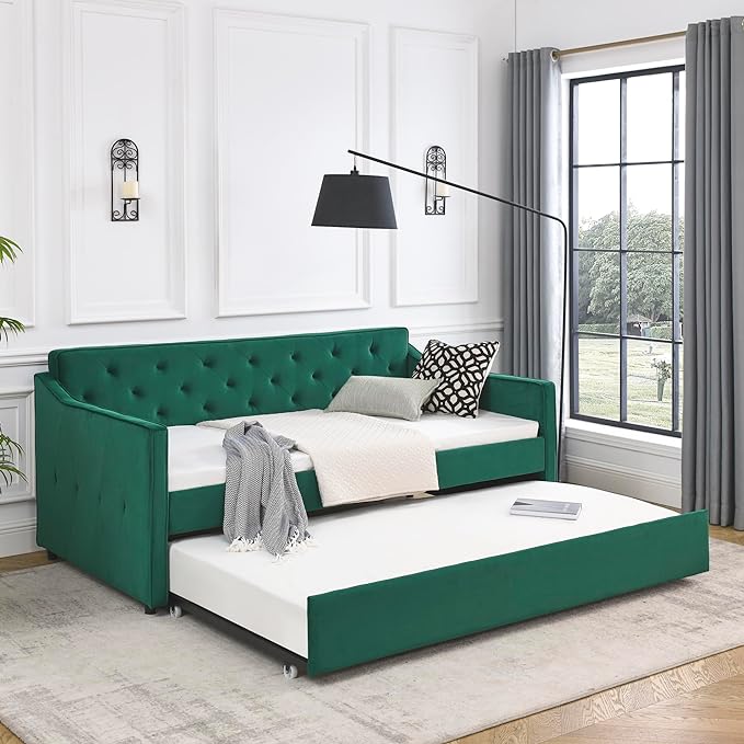 RITSU Twin Size Daybed with Casters, Modern Button Upholstered Velvet Sofa Bed w/Waved Shape Arms, No Box Spring Needed, for Bedroom, Livingroom, Green, 80.50 - LeafyLoom