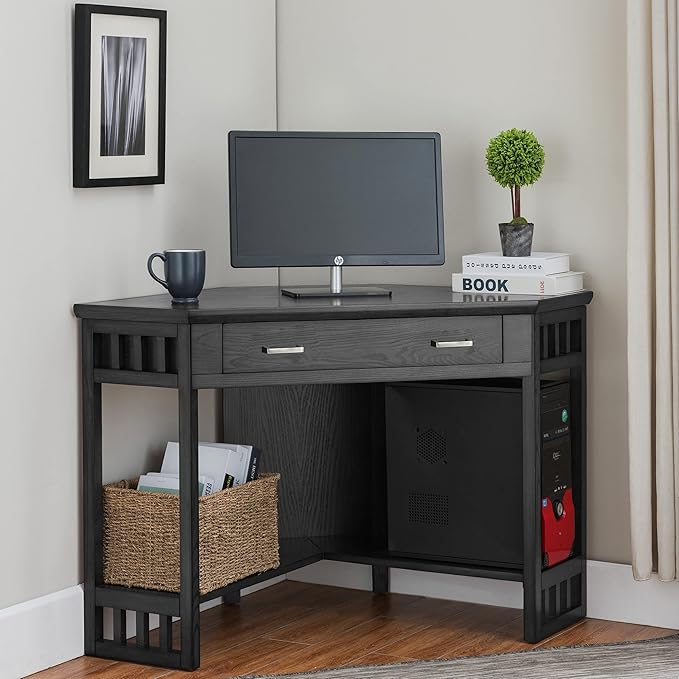 Leick Home 83430 Corner Computer/Writing Desk with Center Keyboard Drawer and Shelf, Black Oak - LeafyLoom