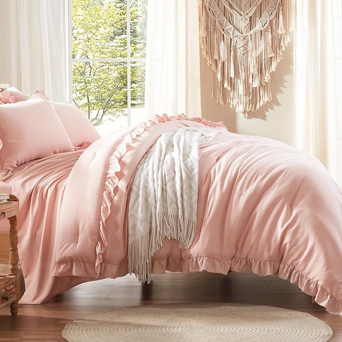 Anluoer Twin Comforter Set 5 Piece, Pink Bed in a Bag with Sheets, All Season Ruffle Shabby Chic Bedding Sets with 1 Comforter, 1 Pillow Sham, 1 Pillowcase, 1 Flat Sheet, 1 Fitted Sheet - LeafyLoom