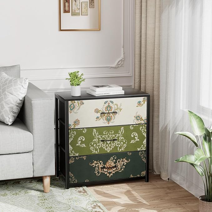 Nightstand, End Table, Bedside Table, Small Tall Boho Dresser for Bedroom with 3 Drawer, Chest of Drawers Fabric Dressers with Wood Top for Closet, Living Room, Retro Flower - LeafyLoom