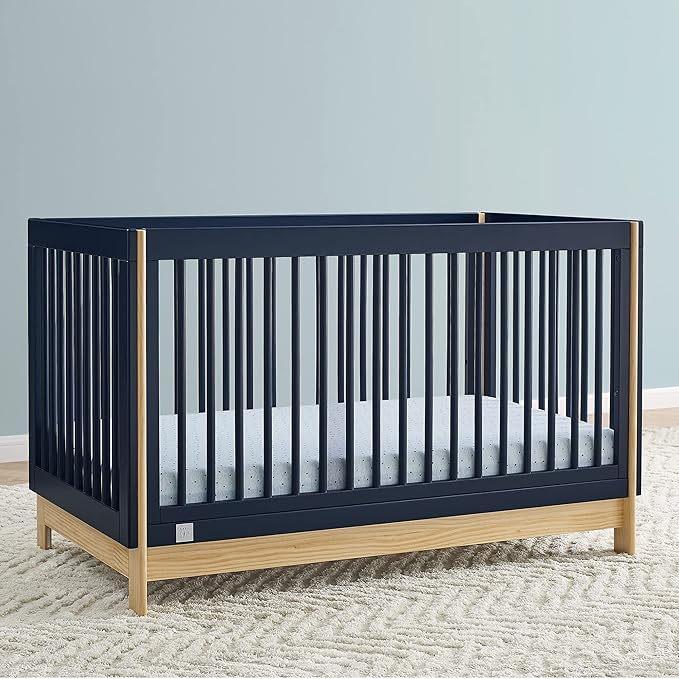 Delta Children babyGap Tate 4-in-1 Convertible Crib + Brannan Bear Bookcase with Bins + Brannan Bear Wall Shelf with 4 Hooks, Navy/Natural (Bundle) - LeafyLoom