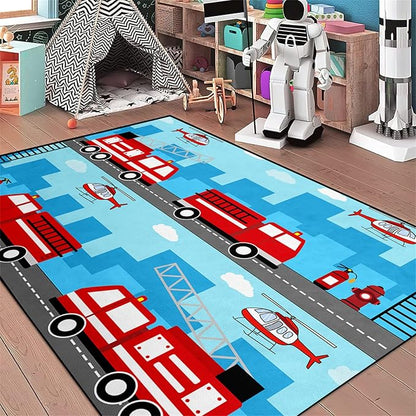 Car Rug Play Mat Car Rug Play Mat Car Rug for Boys Room Fire Fighting Truck Red Car Printed Rug Play Rug for Cars and Trucks Play Rugs for Kids Rooms,Light Blue 3'×5' - LeafyLoom