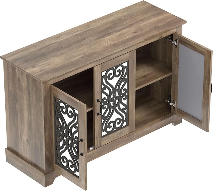 Galano Calidia 3 Door Sideboard, Kitchen Storage Sideboard Buffet Cabinet Console with Acrylic Mirror Doors & Adjustable Shelves, 15.67" D x 45.71" W x 29.29" H, Knotty Oak - LeafyLoom