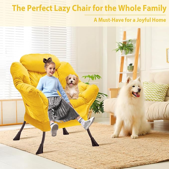 Lazy Chair Thick Padded, Accent Chair Velvet Upholstered with Wide Seat, Stable Metal Frame and Non-Slip Pad, Modern Sofa Armchair with Side Storage Bag for Dorm, Room, Office, Yellow - LeafyLoom