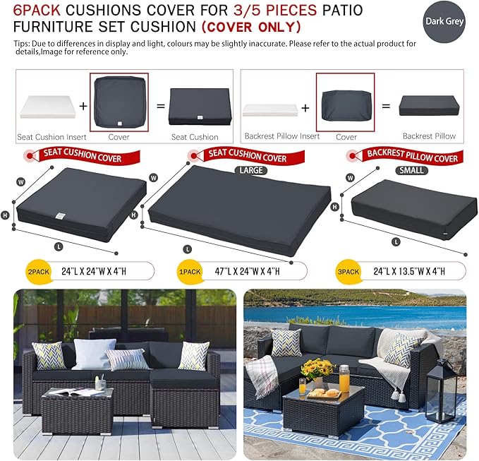 ClawsCover 6Pack Outdoor Seat and Back Cushions Replacement Covers Fit for 3 Pieces 3-Seater Wicker Rattan Patio Furniture Conversation Set Sectional Couch Chair,Dark Gray-Include Cover Only - LeafyLoom