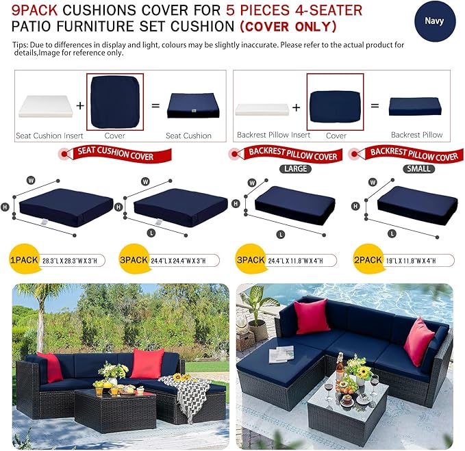 ClawsCover 9 Pack Outdoor Seat and Back Cushion Replacement Covers Fit for 5 Pieces 4-Seater Wicker Rattan Furniture Patio Conversation Set Sectional Couch,Navy-Include Cover Only(Small) - LeafyLoom