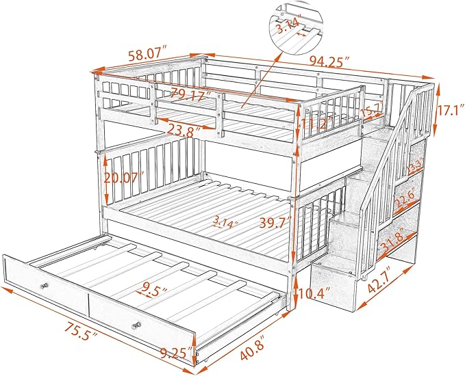 Stairway Full-Over-Full Bunk Bed with Twin Size Trundle, Storage Stairs and Guard Rail, 3-in-1 Bedframe for Bedroom Dorm, Kids Teens Adults, Gray - LeafyLoom