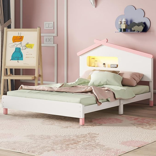 Bellemave Full Size Platform Bed with House-Shaped Headboard and Motion Activated Night Lights,Wood Twin Kids Bed Frame for Girls,Boys(Twin,Pink) - LeafyLoom