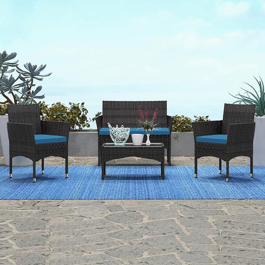 Patio Furniture, 4 Piece Conversation Set, Outdoor Wicker Rattan Table and Chairs, Sectional Sofa with Thick Cushion for Garden, Yard, or Porch, Black - LeafyLoom