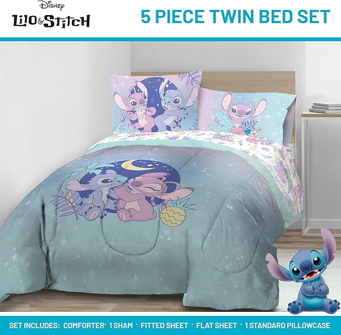 Disney Lilo and Stitch Twin Size Comforter Set - 5 Piece Floral Bedding includes Sheet Set & Pillow Covers Features Angel - Super Soft Purple & Teal Stars Kids Bedding - LeafyLoom