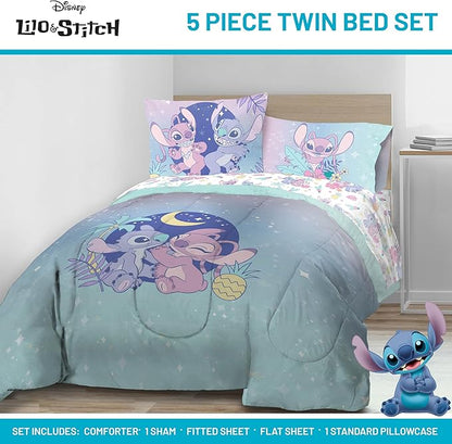 Disney Lilo and Stitch Twin Size Comforter Set - 5 Piece Floral Bedding includes Sheet Set & Pillow Covers Features Angel - Super Soft Purple & Teal Stars Kids Bedding - LeafyLoom