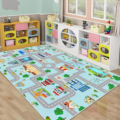 Kids Car Rug, 5x7 City Life Traffic Road Playmat for Toy Cars Trains, Non-Slip Race Track Carpet Educational Fun Area Rugs for Boy and Girl Bedroom Nursery - LeafyLoom