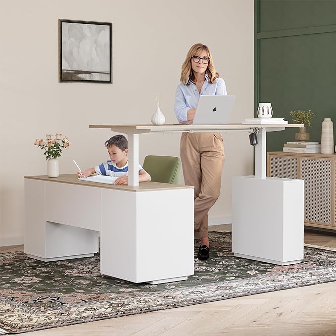 FEZIBO 63" L Shaped Executive Standing Desk with 3-Drawer File Cabinet, Electric Height Adjustable Stand up Desk for Home Office, Computer Desk with Storage Cabinets, White Frame Light Walnut Top - LeafyLoom