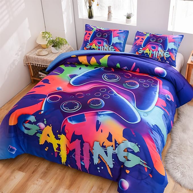 Aimuan Gaming Comforter Sets for Boys Kids Bedding Sets Video Games Console Action Buttons Novelty Colorful Game Gamepad Controller Modern Gamer Room Decor Home Quilt Set (Twin, Purple) - LeafyLoom