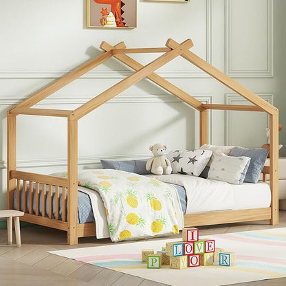 Montessori Floor Bed Frame Twin Size, Twin Floor Bed with Headboard and Footboard, Low House Bed for Girls, Kids, Boys, No Box Spring Needed, Natural Montessori Bed Twin Size - LeafyLoom