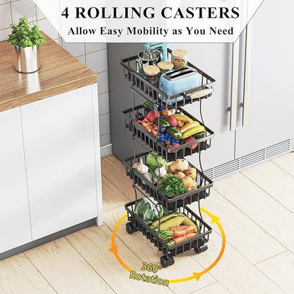 Wisdom Star 4 Tier Fruit Vegetable Basket for Kitchen, Storage Cart, Vegetable Basket Bins, Wire Storage Organizer Utility Cart with Wheels, Medium, Black - LeafyLoom