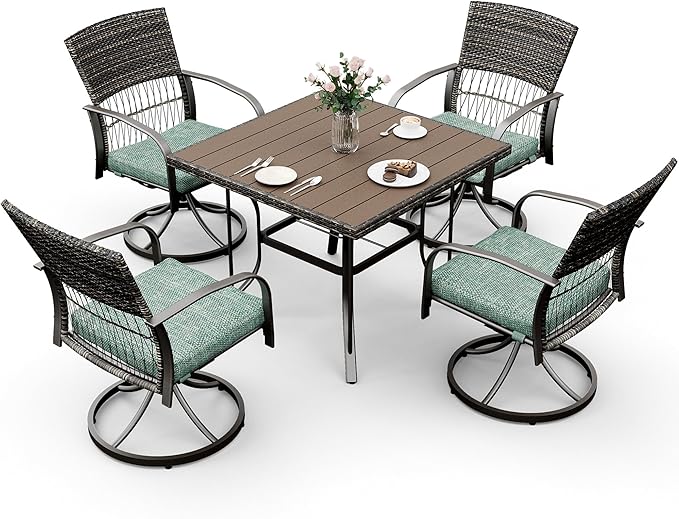 Pamapic 5 Piece Patio Dining Set for 4,Outdoor Wicker Furniture Set for Backyard Garden Deck Poolside with 4 Cushions Swivel Rocker Chairs,Square Plastic-Wood Table Top, Removable Cushions(Green) - LeafyLoom