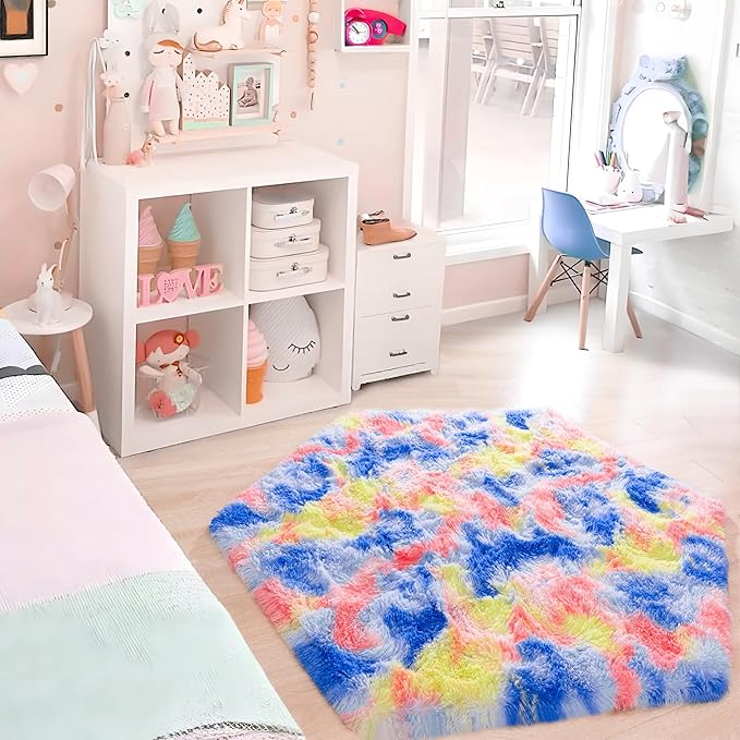 junovo Ultra Soft Hexagon Rug Fluffy Rainbow Nursery Rug for Princess Tent Kids Play Castle, Furry Hexagonal Carpet for Kids Girls Room Playhouse Classroom Dorm Home Decor, 4.6ft Tie-Dye Orange-Red - LeafyLoom