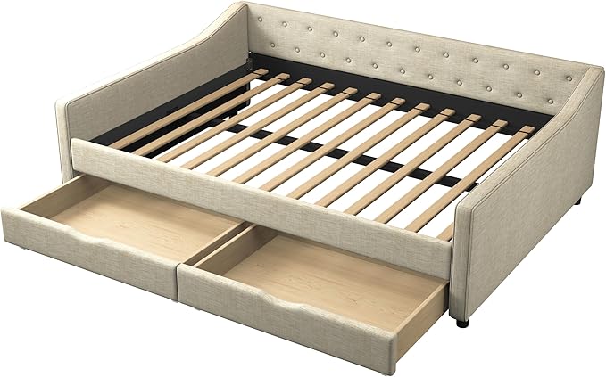 Full Size Daybed with Drawers, Linen Upholstered Tufted Sofa Bed Frame with Button on Back, Waved Shape Arms, Wooden Slats Support, Space-Saving for Apartment,Bedroom - LeafyLoom