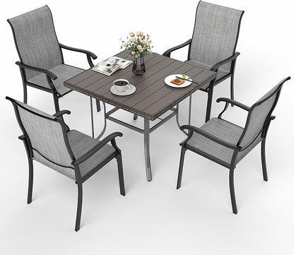 Pamapic 5 Pieces Patio Dining Set, Outdoor Table and Chairs for Garden Backyard Poolside Deck,Outdoor Furniture Set with Square Plastic-Wood Table Top,4 Textilene Chairs,Gray - LeafyLoom