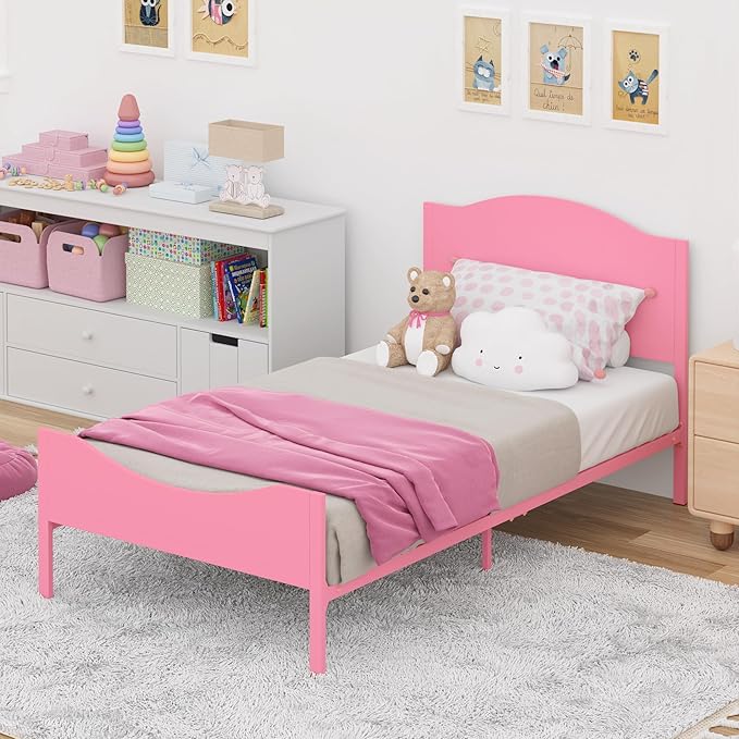 Timy Pink Kids Twin Bed Frame with Wooden Headboard and Footboard, Metal Platform Bed Frame for Boys Girls Teens Adults, Modern Kids Bed Furniture, No Box Spring Needed - LeafyLoom