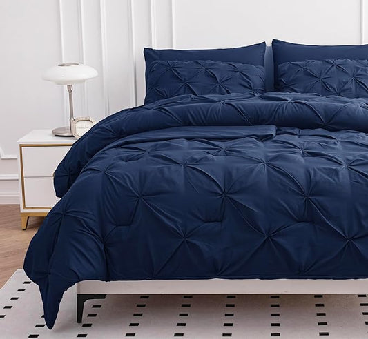 LANE LINEN California King Comforter Set, 7 Piece Cal King Bed in a Bag, Pintuck Cal King Bedding Set, Soft Cali King Bed Set, Cal King Bed Comforter Sets with Sheets, Pillowcases & Shams - Navy Blue - LeafyLoom