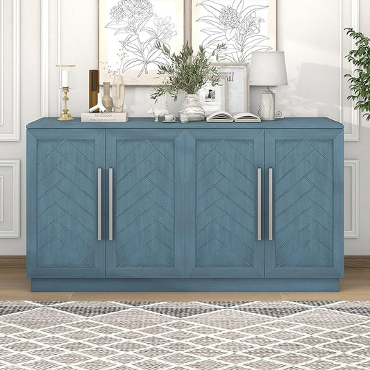 Wooden Sideboard with 4 Doors Large Storage Space,Buffet Cabinet,W/Adjustable Shelves and Silver Handles,Wear-Resistant Performance,for Kitchen,Dining Room,Hallway,Antique Blue, 60" - LeafyLoom