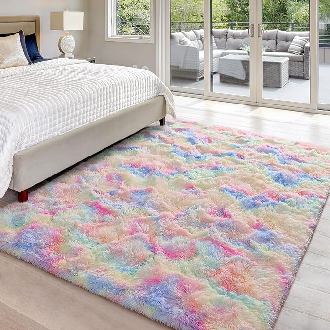 5x8 Large Area Rugs for Living Room, Super Soft Fluffy Modern Bedroom Rug, Tie-Dyed Rainbow Indoor Shag Fuzzy Carpets for Girls Kids Nursery Room Home Decor - LeafyLoom