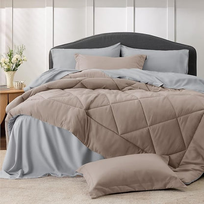 Bedsure Taupe California King Size Comforter Set - 7 Pieces Reversible California King Bed in a Bag King Bed Set with Comforters, Sheets, Pillowcases & Shams, California King Bedding Sets - LeafyLoom